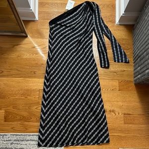 Theory One Shoulder Midi Slip Dress in Black/White Chainlink, Size 2 with Tags
